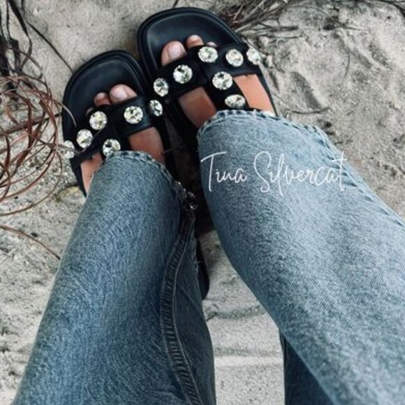 BLOGGER'S FAVE! Zara Faux Leather Gem Sandals Black NWT - Picture 4 of 13